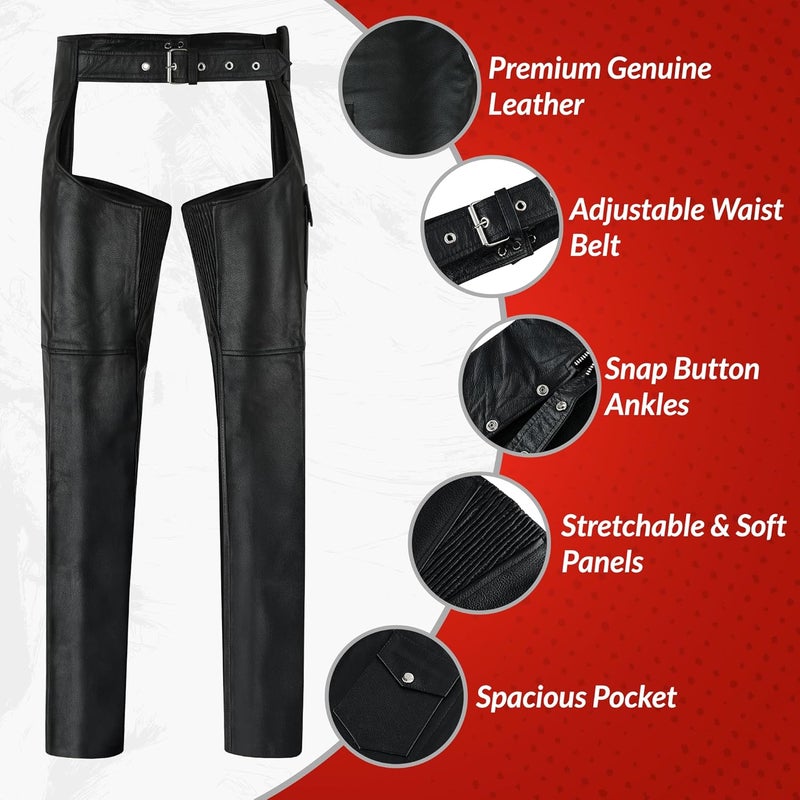 DALLX Black Leather Chaps for Men’s Motorcycle Bikers Cow Skin Full Grain Heavy Duty Leather Chaps - Image 5